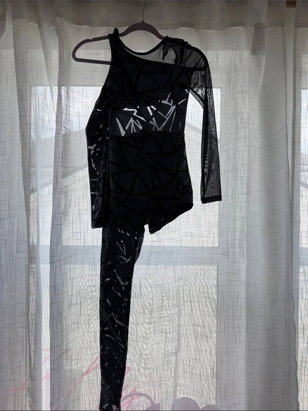 Weissman Black One-Shoulder Dance Costume with Sheer Sleeve